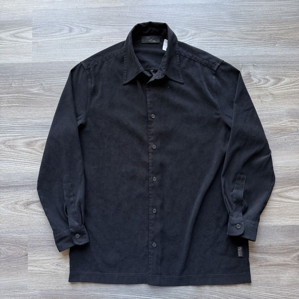 Vintage Versace Classic V2 Button Shirt Mens L Black Velour Velvet Texture Pleat